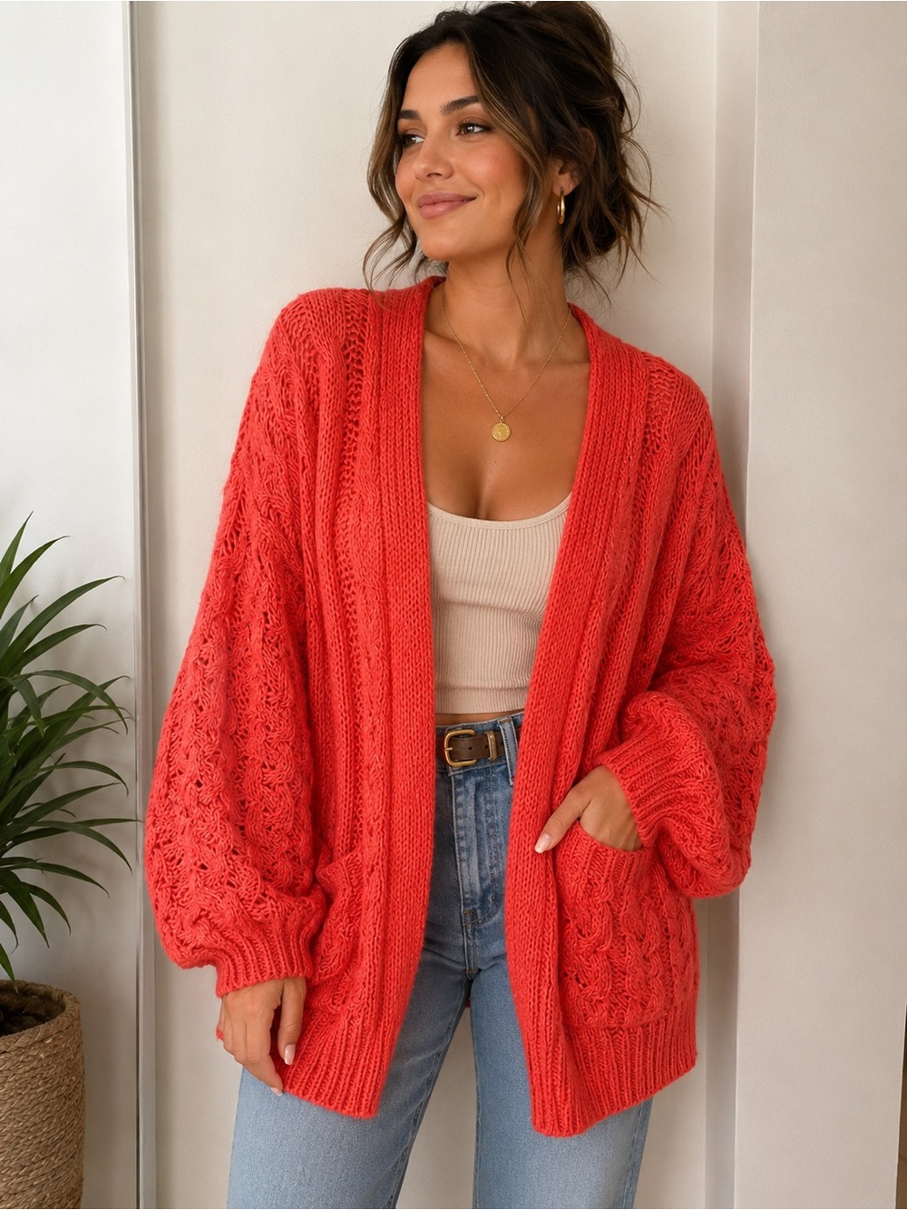 easel Open-Front Chunky Knit Cardigan in Coral Balloon Sleeve Small Oversized